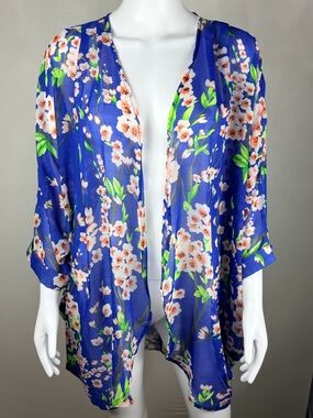 Blue Floral Sheer Kimono Cardigan Open Front Lightweight Boho Beachy XL